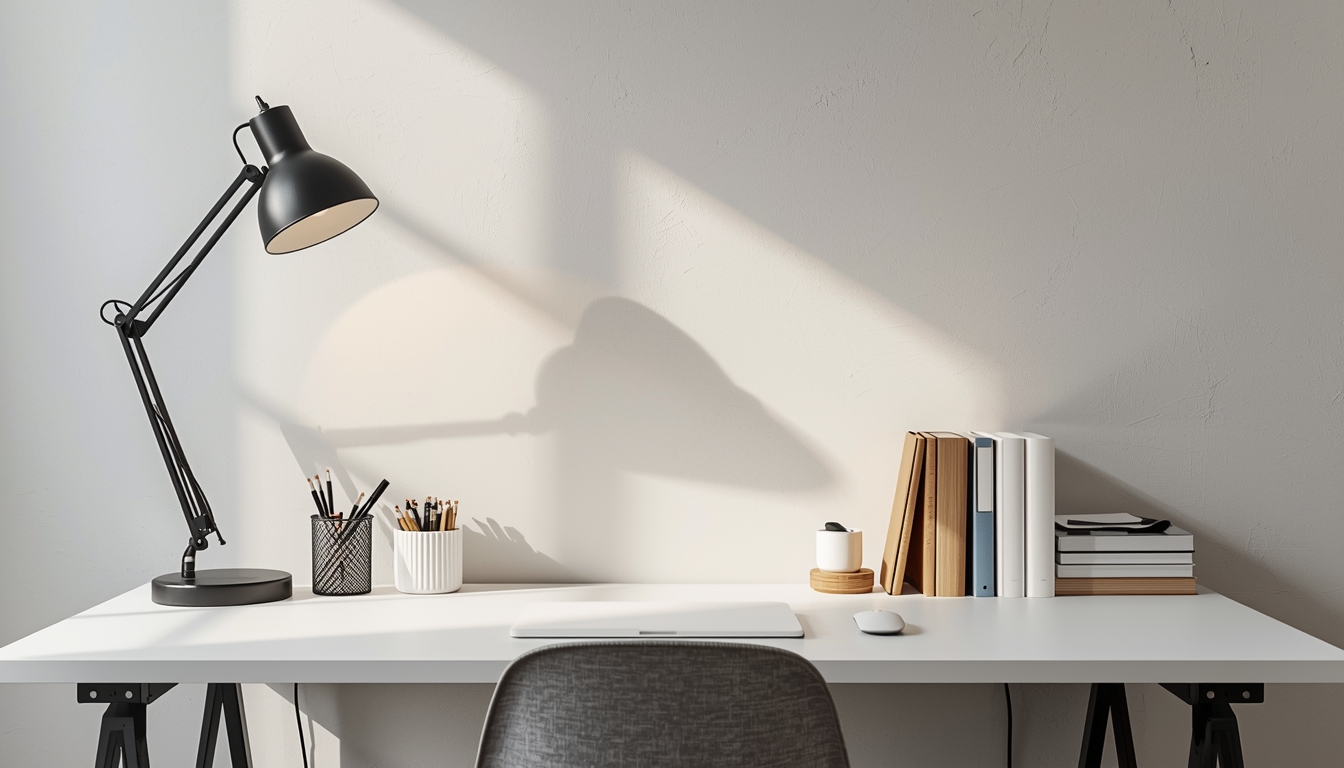 Balanced desk setup with space for habit tools and soft light